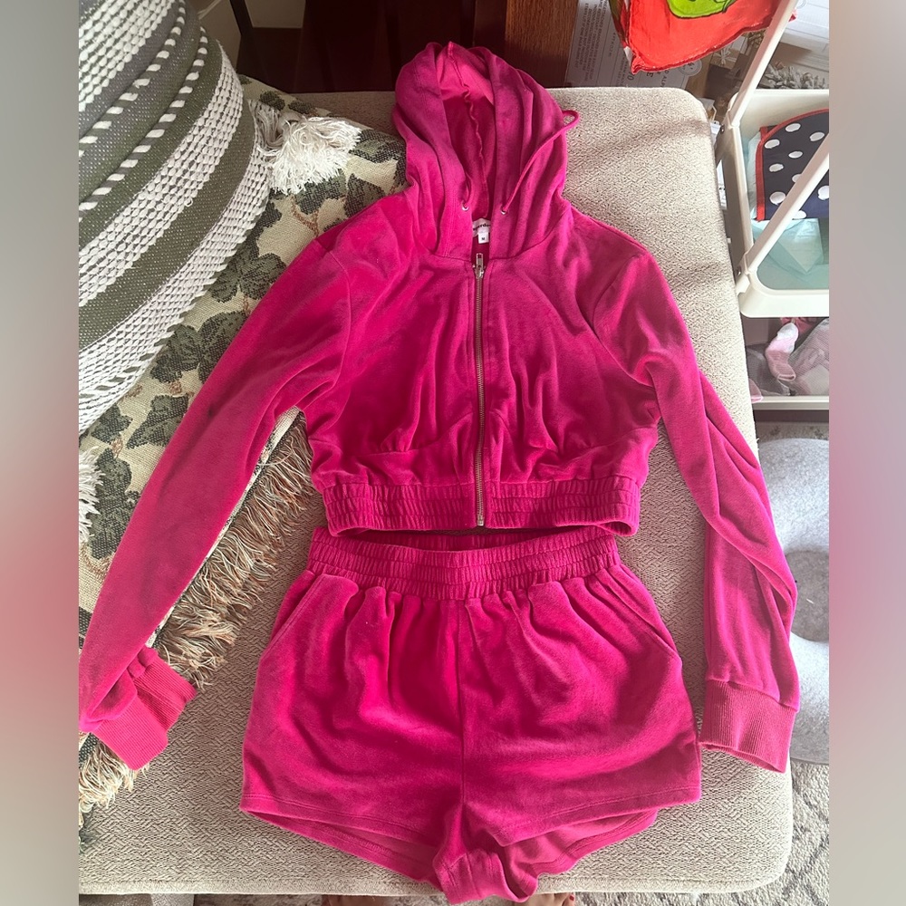 Superdown Fuchsia Velour Hoodie and Shorts Set